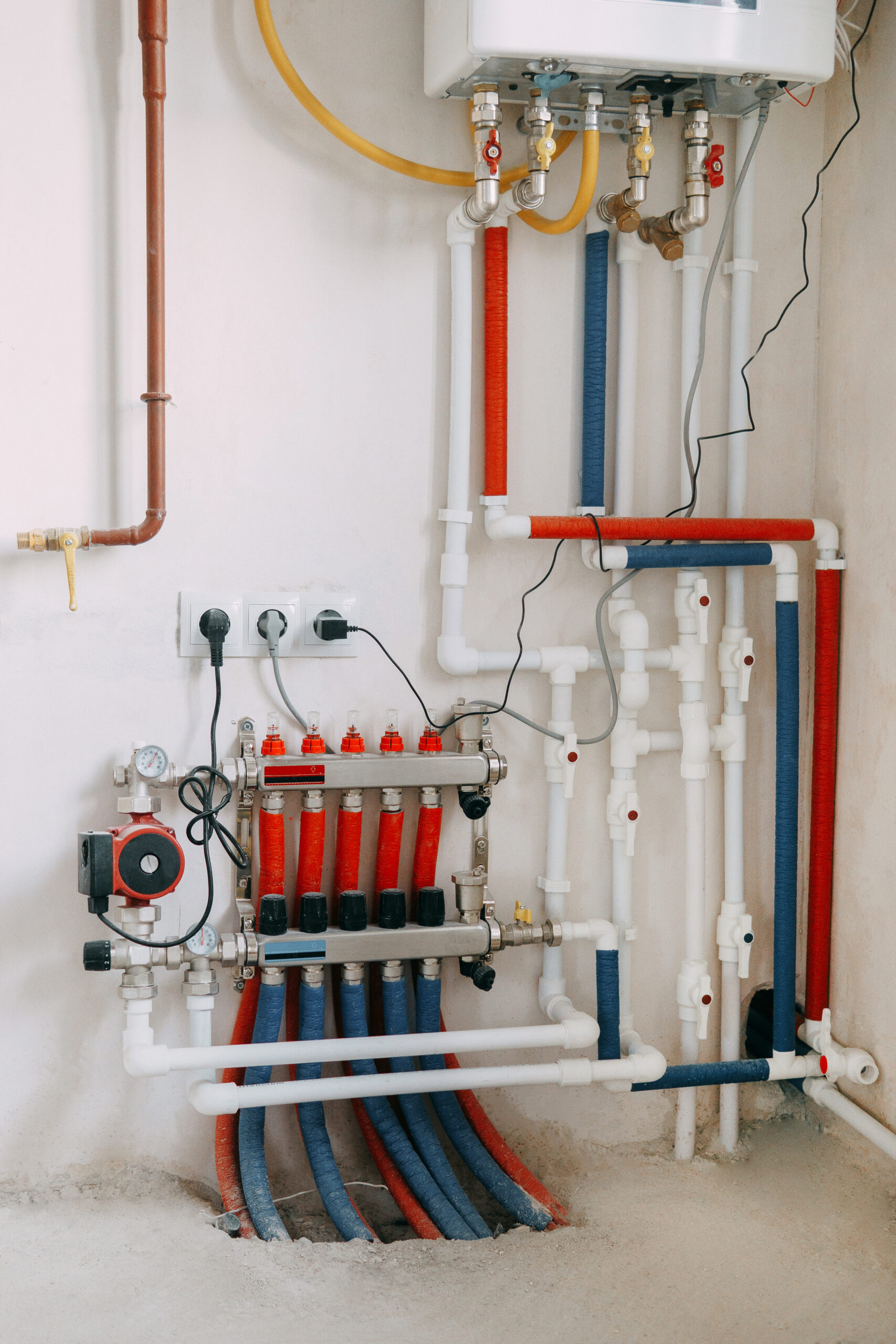 Detailed view of an intricate heating system setup featuring red and blue color-coded pipes, valves, and gauges. Connection diagram of a gas boiler with a underfloor heating system.